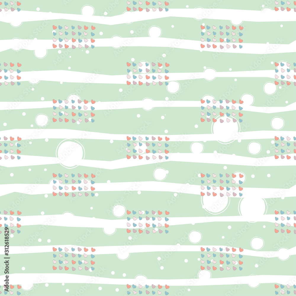 Seamless pattern, hand drawn hearts in brush organised into rectangles.