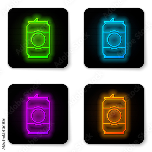 Glowing neon line Beer can icon isolated on white background. Black square button. Vector Illustration