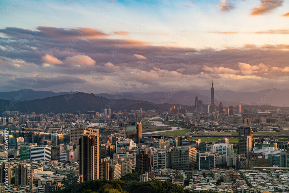 Taipei city skyline with sunset