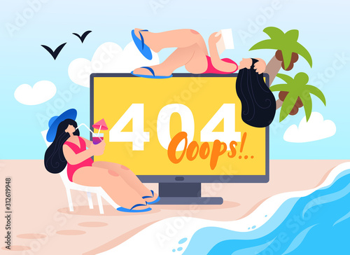 Two girls on a beach in swimsuit. Error 404, web site not found. Empty screen with palms and the ocean. Flat concept illustration.