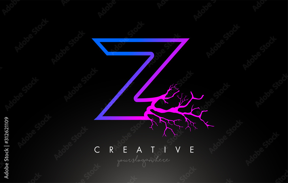 Tree Letter Z Design Logo with Purple Blue Tree Branch. Z Letter Tree Icon Logo Tree Letter Z Design Logo with Purple Blue Tree Branch. Z Letter Tree Icon Logo