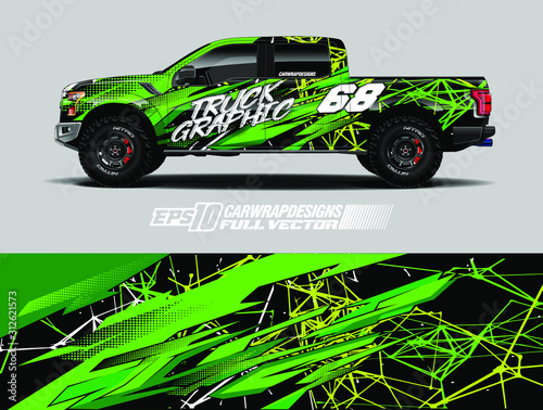 Pickup truck wrap design vector. Graphic abstract stripe racing background kit designs for wrap vehicle, race car, rally, adventure and livery. Full vector eps 10