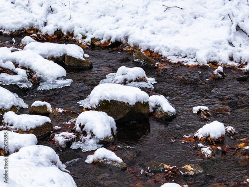 Snow-covered rocks stand in an icy cold stream of water.