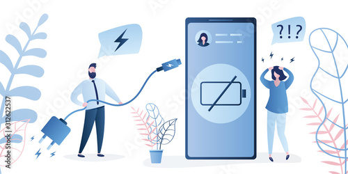 Modern smartphone which needs charging,low battery sign. Sad woman with speech bubble and male with charger.
