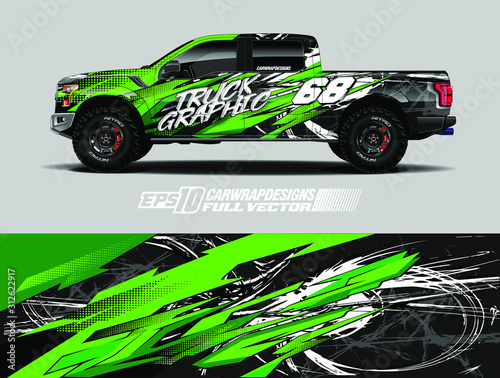 Pickup truck wrap design vector. Graphic abstract stripe racing background kit designs for wrap vehicle, race car, rally, adventure and livery. Full vector eps 10