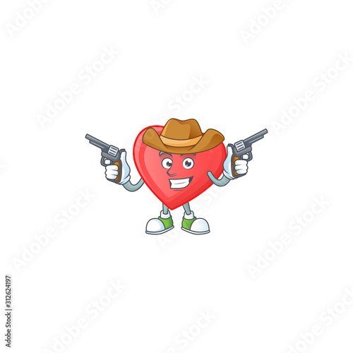 Smiling red love mascot icon as a Cowboy holding guns