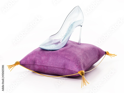 Single glass shoe standing on violet velvet cushion. 3D illustration