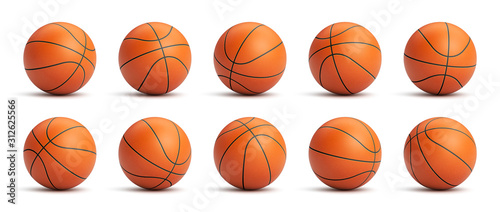 Set of orange basketball balls with leather texture in different positions