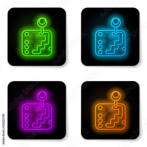 Glowing neon line Gear shifter icon isolated on white background. Transmission icon. Black square button. Vector Illustration