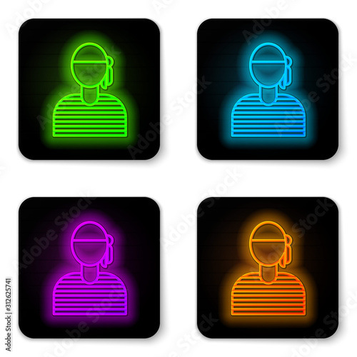 Glowing neon line Sailor captain icon isolated on white background. Black square button. Vector Illustration