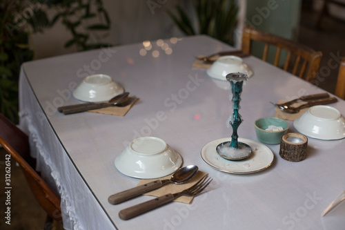vintage table setting. rustic served table