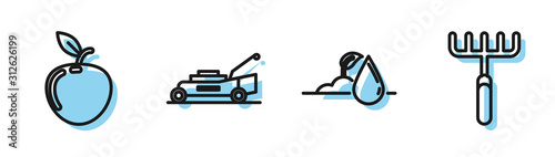 Set line Watering sprout, Apple, Lawn mower and Garden rake icon. Vector