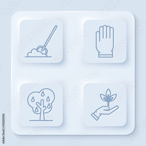 Set line Shovel in the ground, Garden gloves, Tree with pears and Plant in hand of environmental protection. White square button. Vector