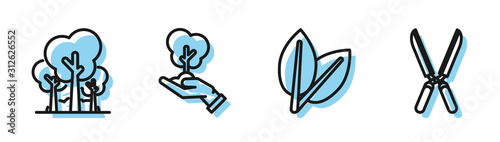 Set line Leafs, Trees, Tree in hand of environmental protection and Gardening handmade scissors for trimming icon. Vector