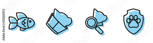 Set line Veterinary clinic symbol, Fish, Veterinary clinic symbol and Animal health insurance icon. Vector