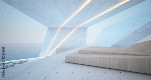 Abstract architectural concrete  wood and glass interior of a modern villa on the sea with swimming pool and neon lighting. 3D illustration and rendering.