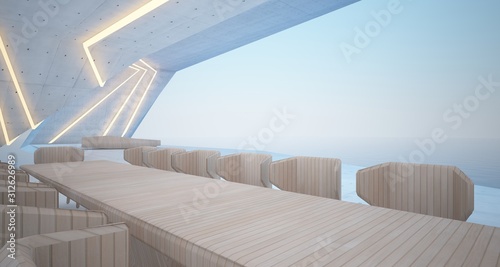 Abstract architectural concrete, wood and glass interior of a modern villa on the sea with swimming pool and neon lighting. 3D illustration and rendering.