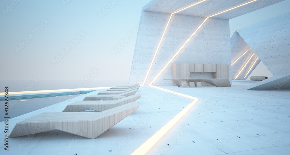 Abstract architectural concrete, wood and glass interior of a modern villa on the sea with swimming pool and neon lighting. 3D illustration and rendering.