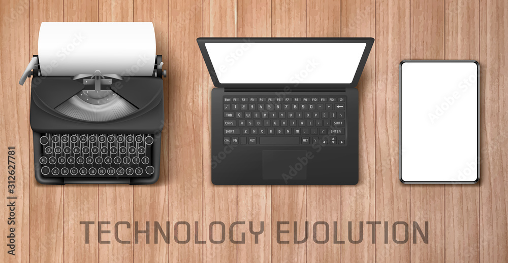 Technology evolution from vintage typewriter to modern laptop and