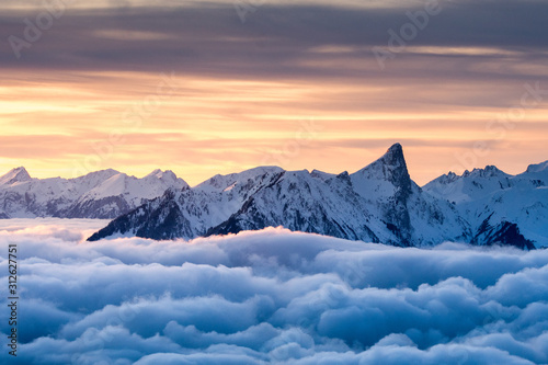 sea of fog in front of Mount Stockhorn at a winter sunset