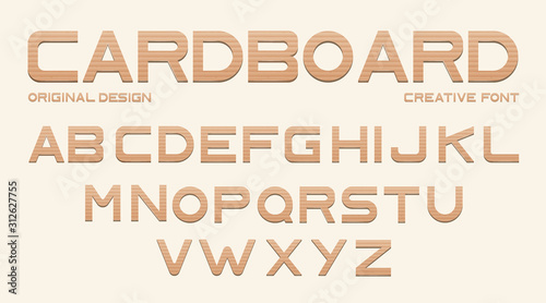 Cardboard font, alphabet from brown craft paper. Vector type from corrugated carton, uppercase letters cut from box isolated on background. Typography original design