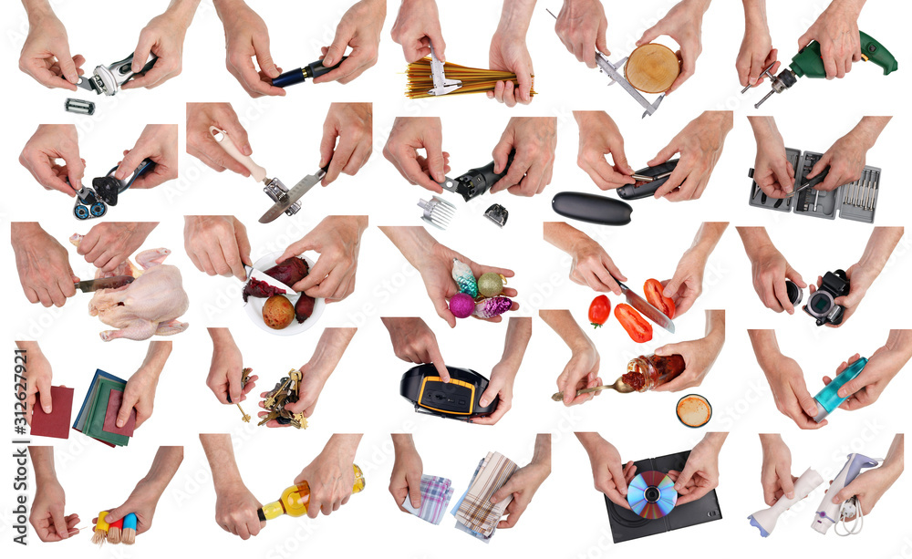 Male and female hands work with household appliances isolated set