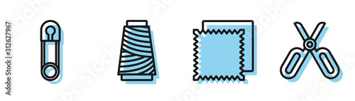 Set line Textile fabric roll, Classic closed steel safety pin, Sewing thread on spool and Scissors icon. Vector