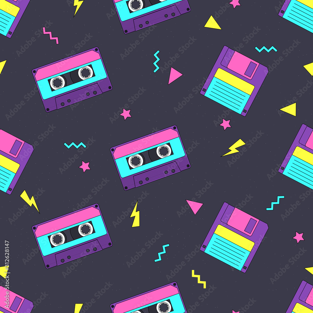 Seamless pattern with audio cassettes and floppy in 90s style. Vector illustration