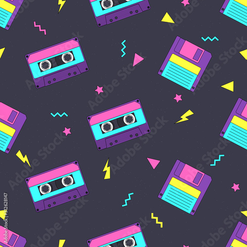 Seamless pattern with audio cassettes and floppy in 90s style. Vector illustration