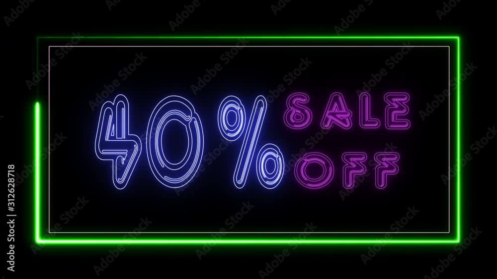 40% sale off neon sign fluorescent light glowing on banner background. Text 40 % sale off by neon lights signboard at night. The best stock neon flickering, flash and blinking color black background 40% sale off neon sign fluorescent light glowing on banner background. Text 40 % sale off by neon lights signboard at night. The best stock neon flickering, flash and blinking color black background