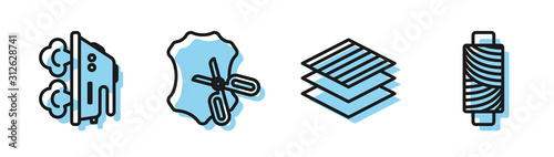 Set line Textile fabric roll, Electric iron, Scissors and leather and Sewing thread on spool icon. Vector