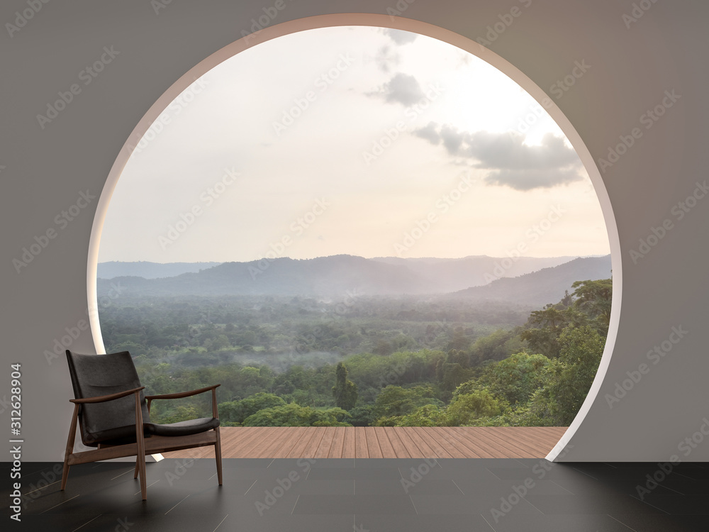 A wall with arch shape gap looking out over the mountains 3d render,The room has black tile floor.Furnished with wood and leather chair.Looking out to the balcony and nature view. - obrazy, fototapety, plakaty 