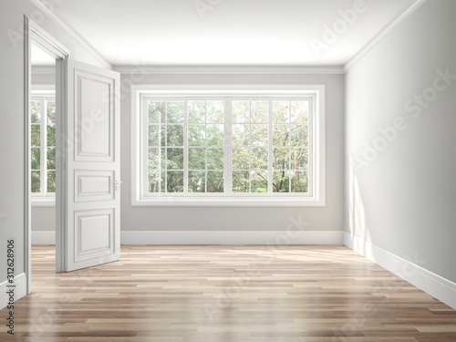 Empty classical style room 3d render,The rooms have wooden floors and gray walls ,decorate with white moulding,there white window looking out to the balcony and nature view.
