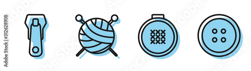 Set line Round adjustable embroidery hoop, Zipper, Yarn ball with knitting needles and Sewing button for clothes icon. Vector