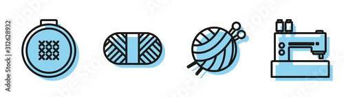 Set line Yarn ball with knitting needles, Round adjustable embroidery hoop, Sewing thread on spool and Sewing machine icon. Vector