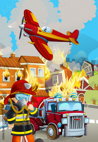 cartoon scene with fireman car vehicle near burning building - illustration for children