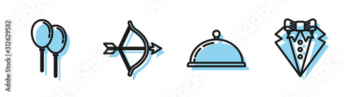 Set line Covered with a tray of food, Balloons with ribbon, Bow and arrow and Suit icon. Vector