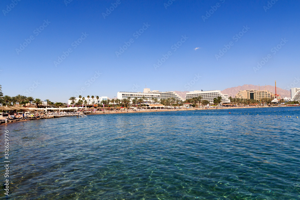 Eilat resort hotel panorama with beach at Red Sea, Israel