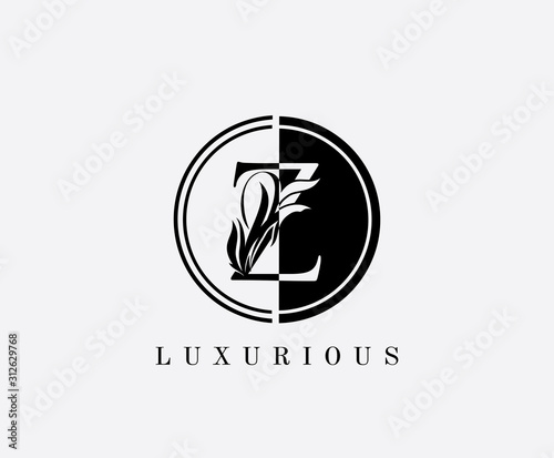 Circle Z Letter Floral Logo. Luxury Z Swirl Circle Logo Icon