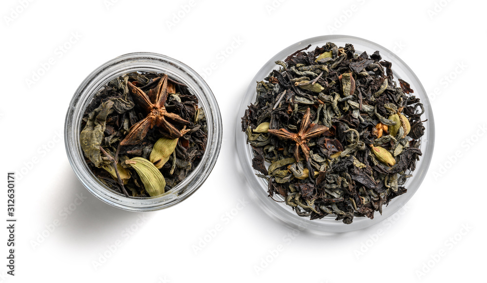 Fototapeta premium Green tea with aromatic additives. Top view on white background