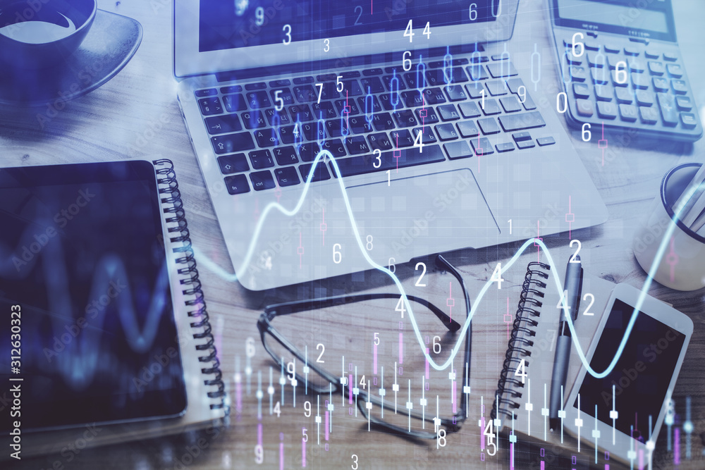 Stock market graph and table with computer background. Multi exposure. Concept of financial analysis. Stock market graph and table with computer background. Multi exposure. Concept of financial analysis.