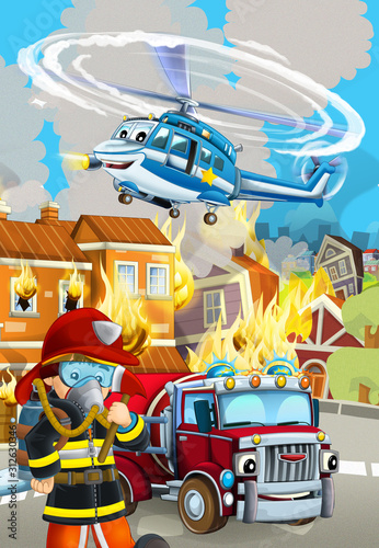 cartoon scene with fireman car vehicle near burning building - illustration for children