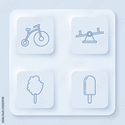 Set line Vintage bicycle with one big wheel and one small, Seesaw, Cotton candy and Ice cream. White square button. Vector