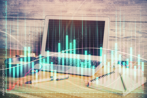 Multi exposure of forex graph and work space with computer. Concept of international online trading. © peshkova