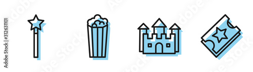Set line Castle, Magic wand, Popcorn in cardboard box and Ticket icon. Vector