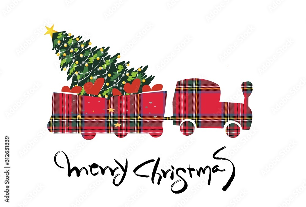 Cute truck with red tartan plaid pattern a Christmas tree on white background.