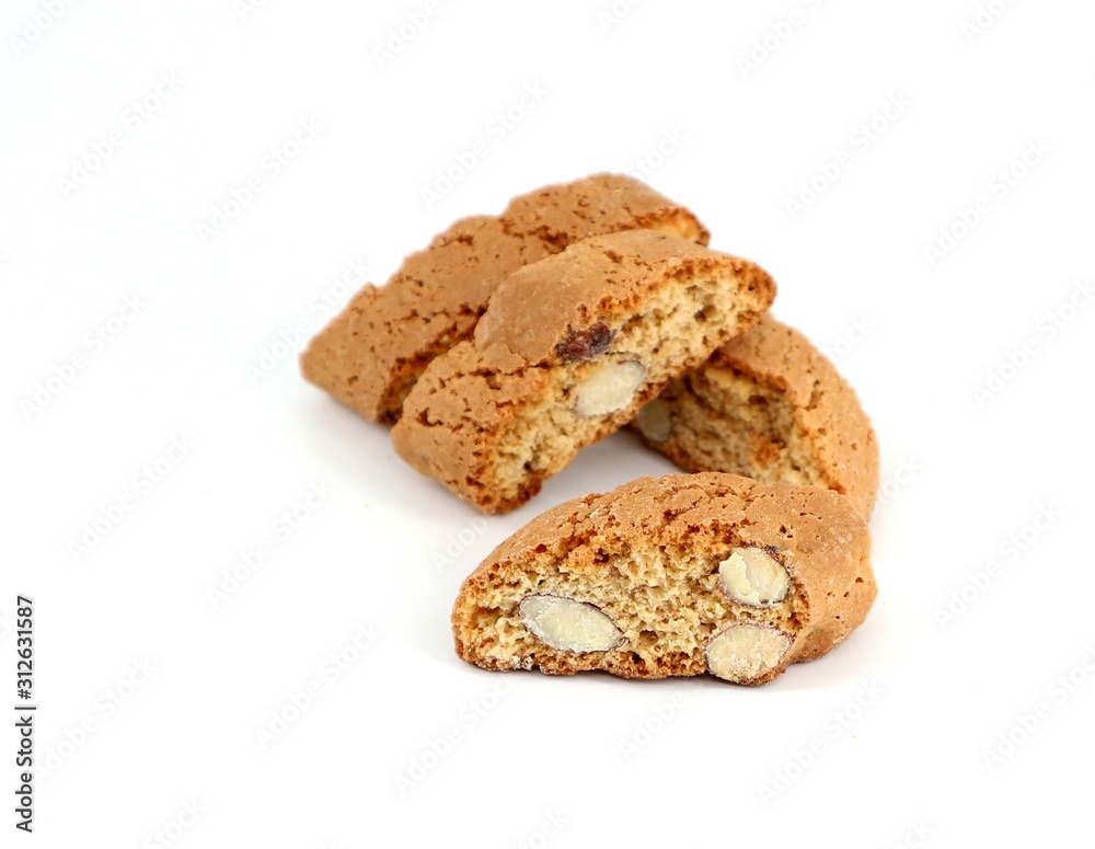 Cantucci, also known as Biscotti, famous italian almond biscuits from Tuscany on white background
