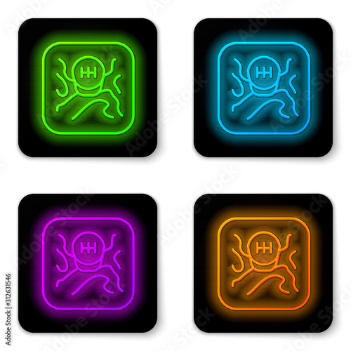 Glowing neon line Gear shifter icon isolated on white background. Transmission icon. Black square button. Vector Illustration
