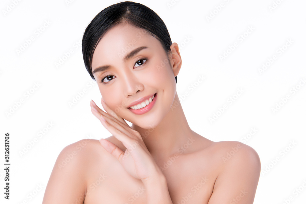 Beautiful Young Asian Woman with Clean Fresh Skin. Face care, Facial treatment, on white background, Beauty and Cosmetics Concept. Beautiful Young Asian Woman with Clean Fresh Skin. Face care, Facial treatment, on white background, Beauty and Cosmetics Concept.