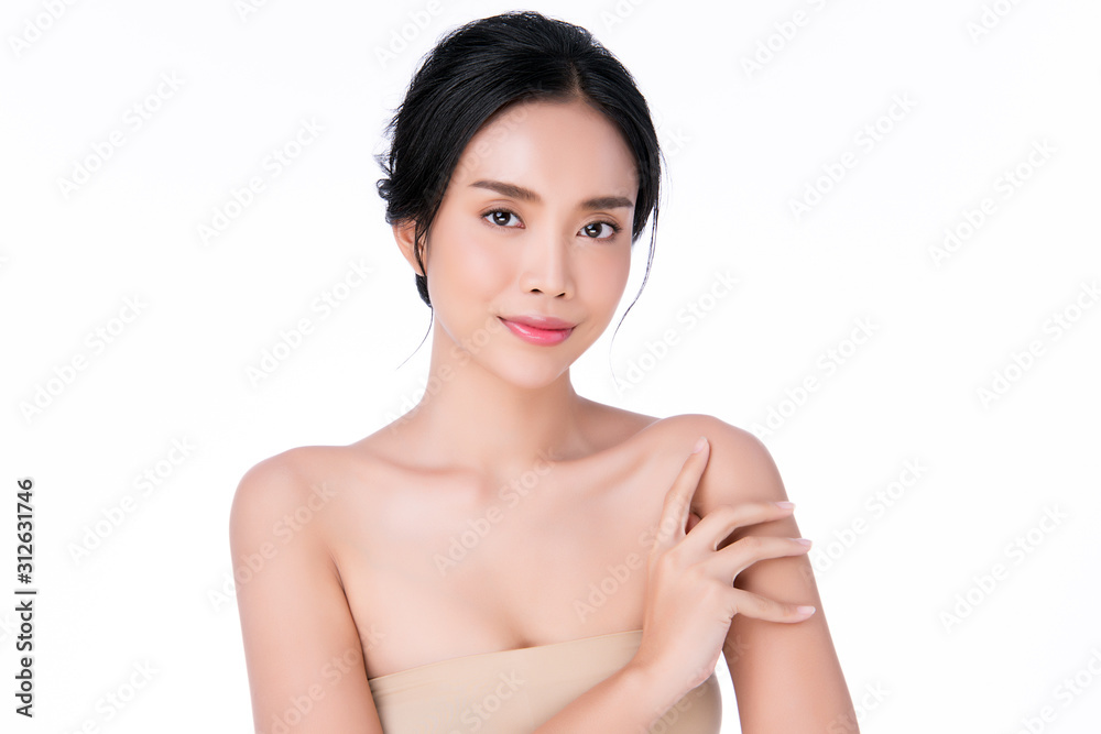Beautiful Young Asian Woman with Clean Fresh Skin. Face care, Facial treatment, on white background, Beauty and Cosmetics Concept. Beautiful Young Asian Woman with Clean Fresh Skin. Face care, Facial treatment, on white background, Beauty and Cosmetics Concept.